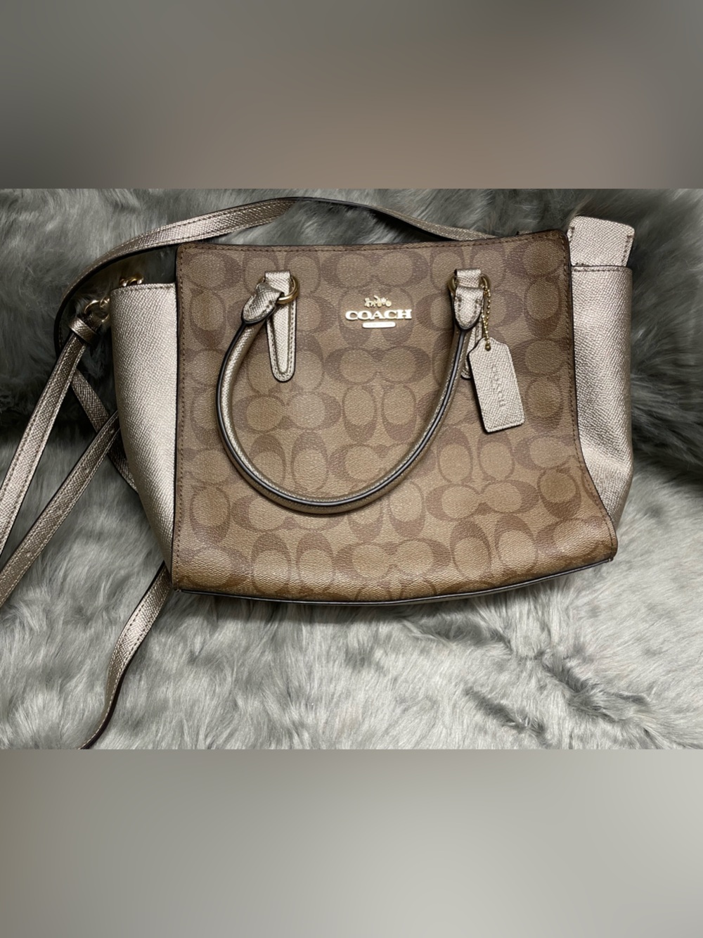 Coach Brown Signature Canvas Satchel with Metallic Champagne Trim